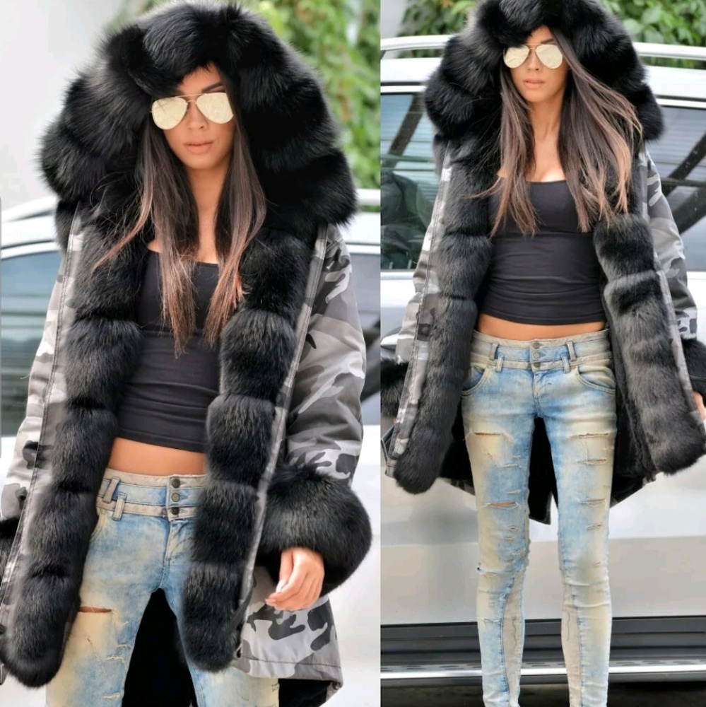 Chic Faux Fur Hooded Jacket Winter Coat Camo Parka